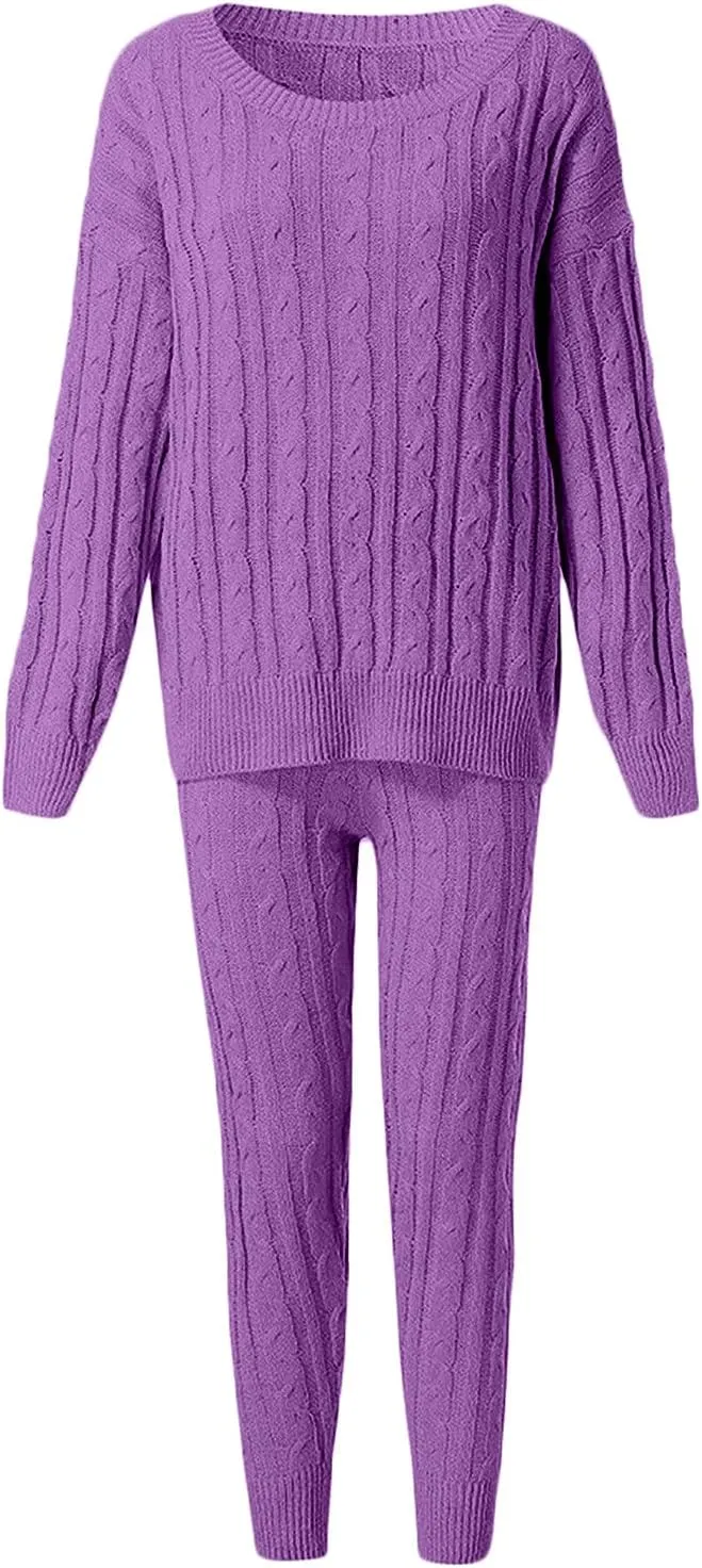 hlysgo Women Cable Knitted 2 Pieces Outfits Chunky Long Sleeve Sweater Pullover Top and Pants Winter Plus Size Lounge Sets