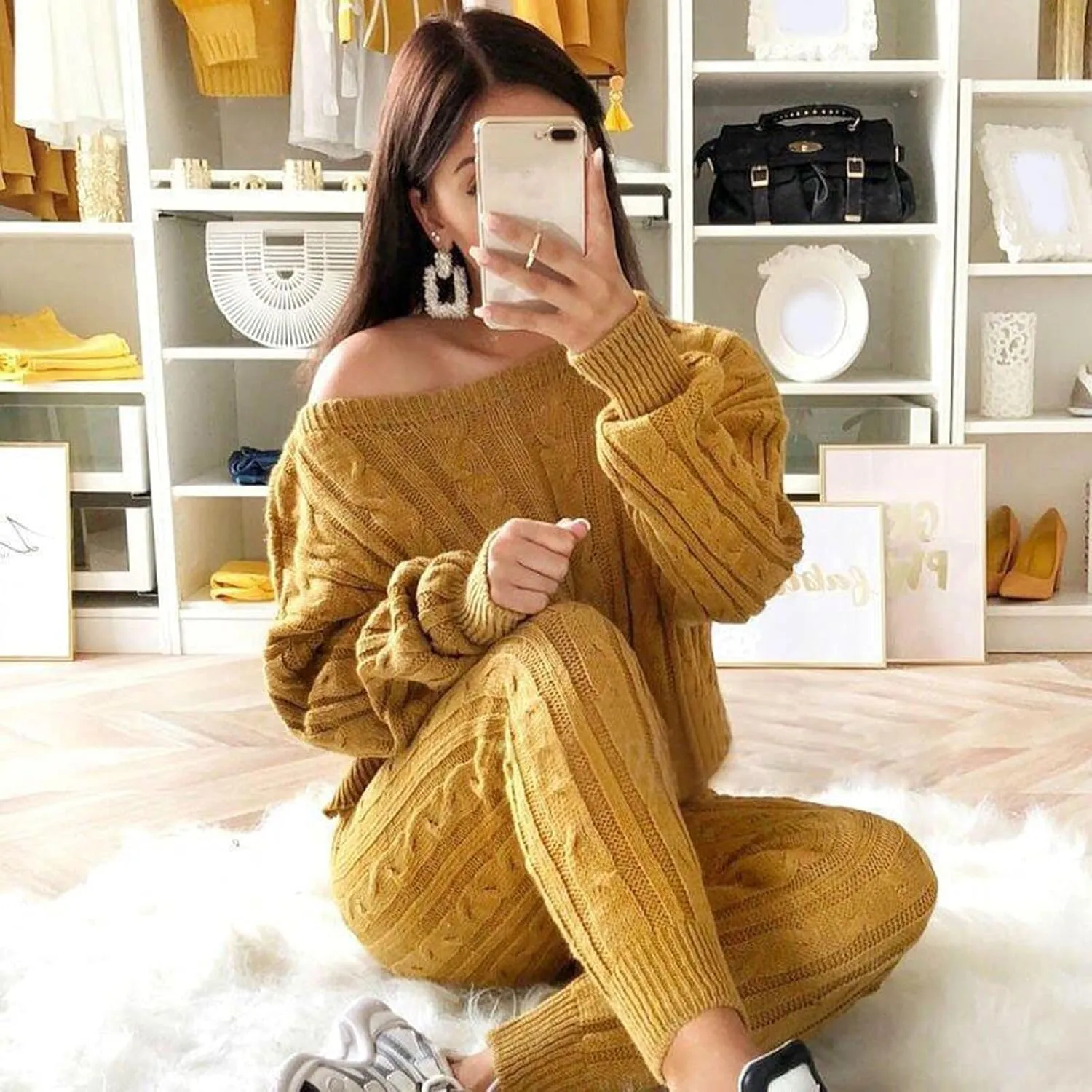 hlysgo Women Cable Knitted 2 Pieces Outfits Chunky Long Sleeve Sweater Pullover Top and Pants Winter Plus Size Lounge Sets