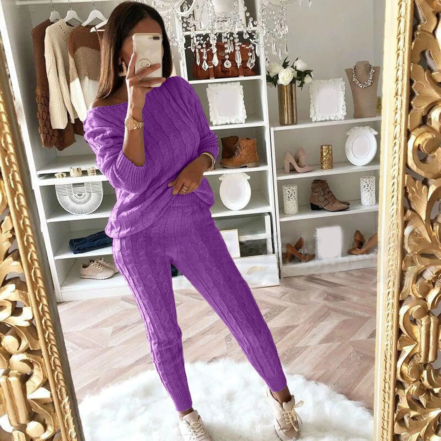 hlysgo Women Cable Knitted 2 Pieces Outfits Chunky Long Sleeve Sweater Pullover Top and Pants Winter Plus Size Lounge Sets