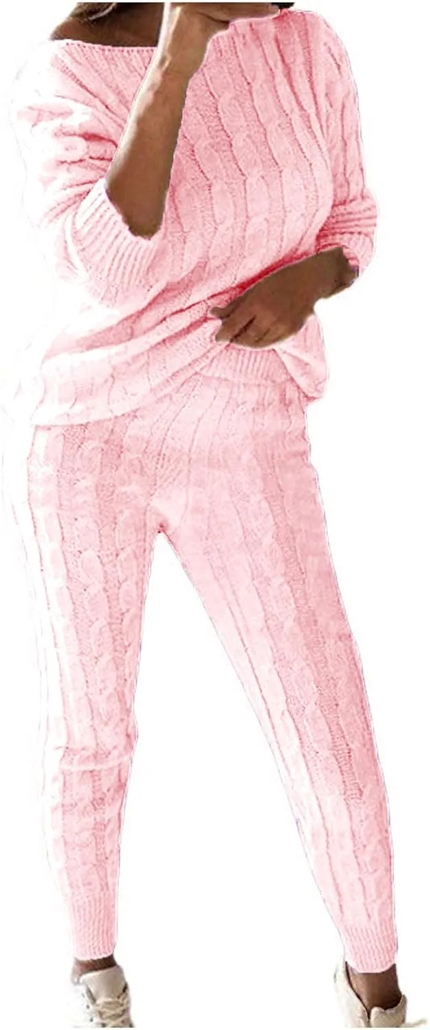 hlysgo Women Cable Knitted 2 Pieces Outfits Chunky Long Sleeve Sweater Pullover Top and Pants Winter Plus Size Lounge Sets