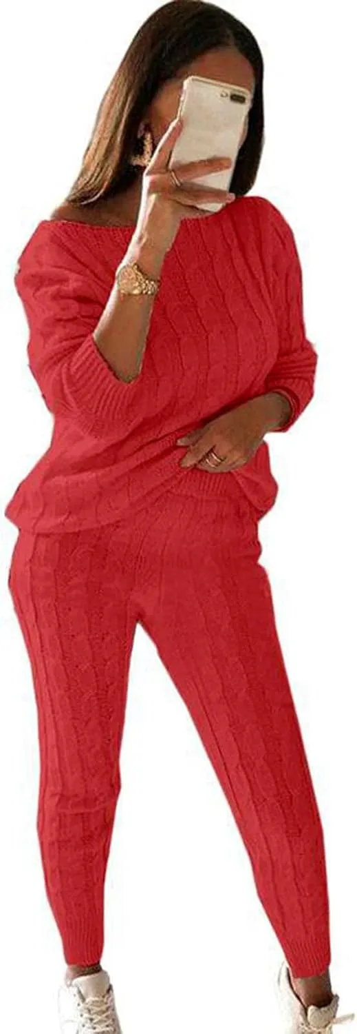 hlysgo Women Cable Knitted 2 Pieces Outfits Chunky Long Sleeve Sweater Pullover Top and Pants Winter Plus Size Lounge Sets