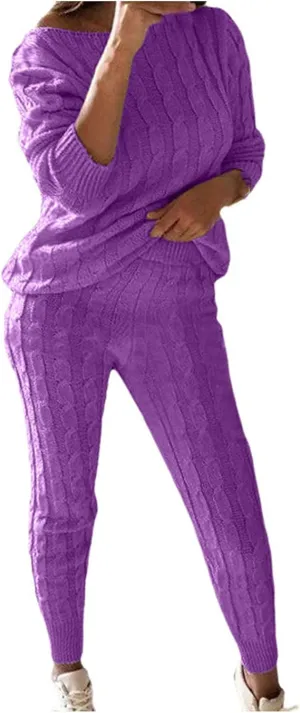hlysgo Women Cable Knitted 2 Pieces Outfits Chunky Long Sleeve Sweater Pullover Top and Pants Winter Plus Size Lounge Sets