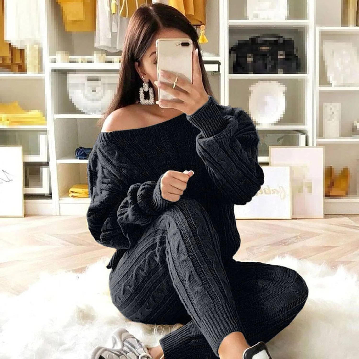 hlysgo Women Cable Knitted 2 Pieces Outfits Chunky Long Sleeve Sweater Pullover Top and Pants Winter Plus Size Lounge Sets