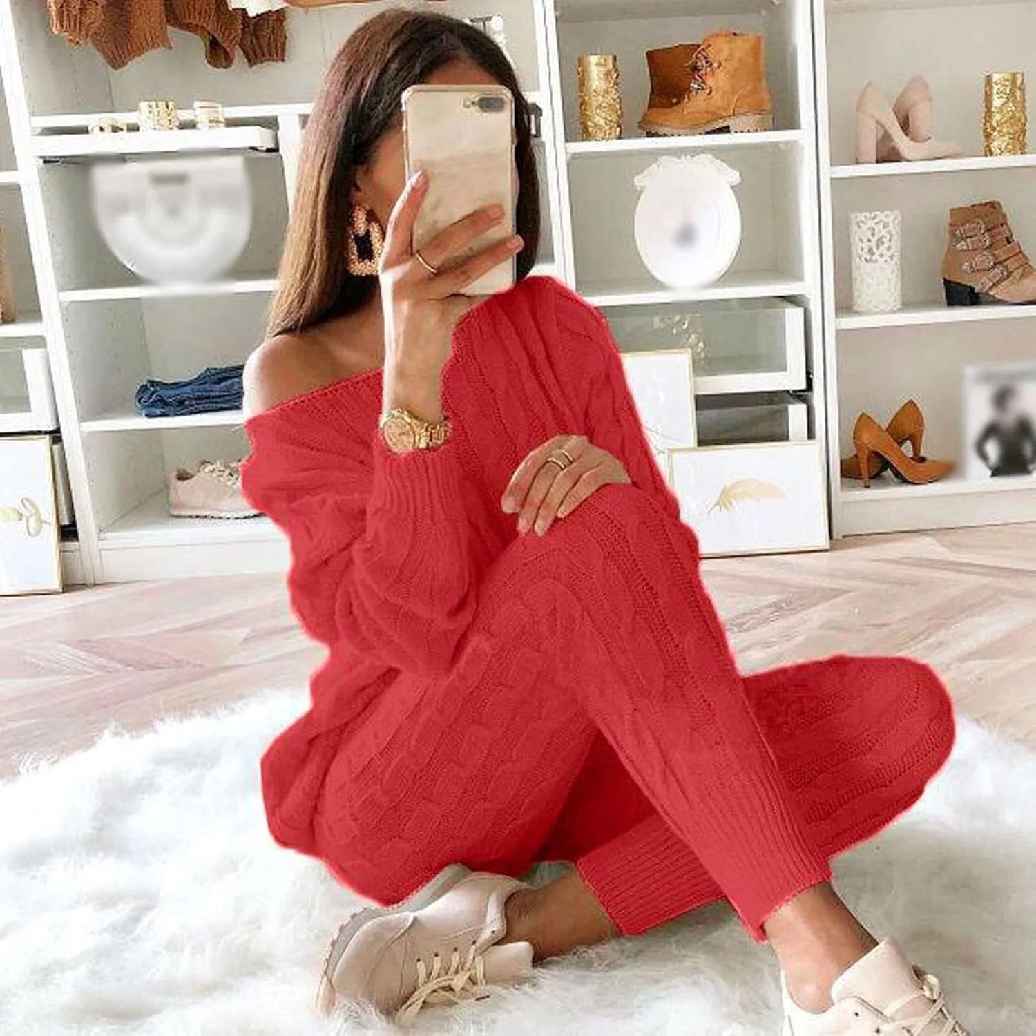 hlysgo Women Cable Knitted 2 Pieces Outfits Chunky Long Sleeve Sweater Pullover Top and Pants Winter Plus Size Lounge Sets