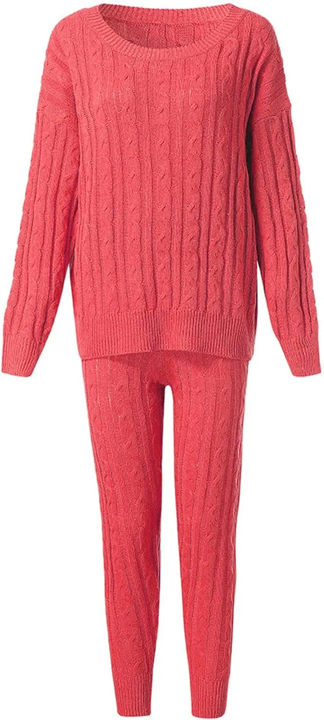 hlysgo Women Cable Knitted 2 Pieces Outfits Chunky Long Sleeve Sweater Pullover Top and Pants Winter Plus Size Lounge Sets