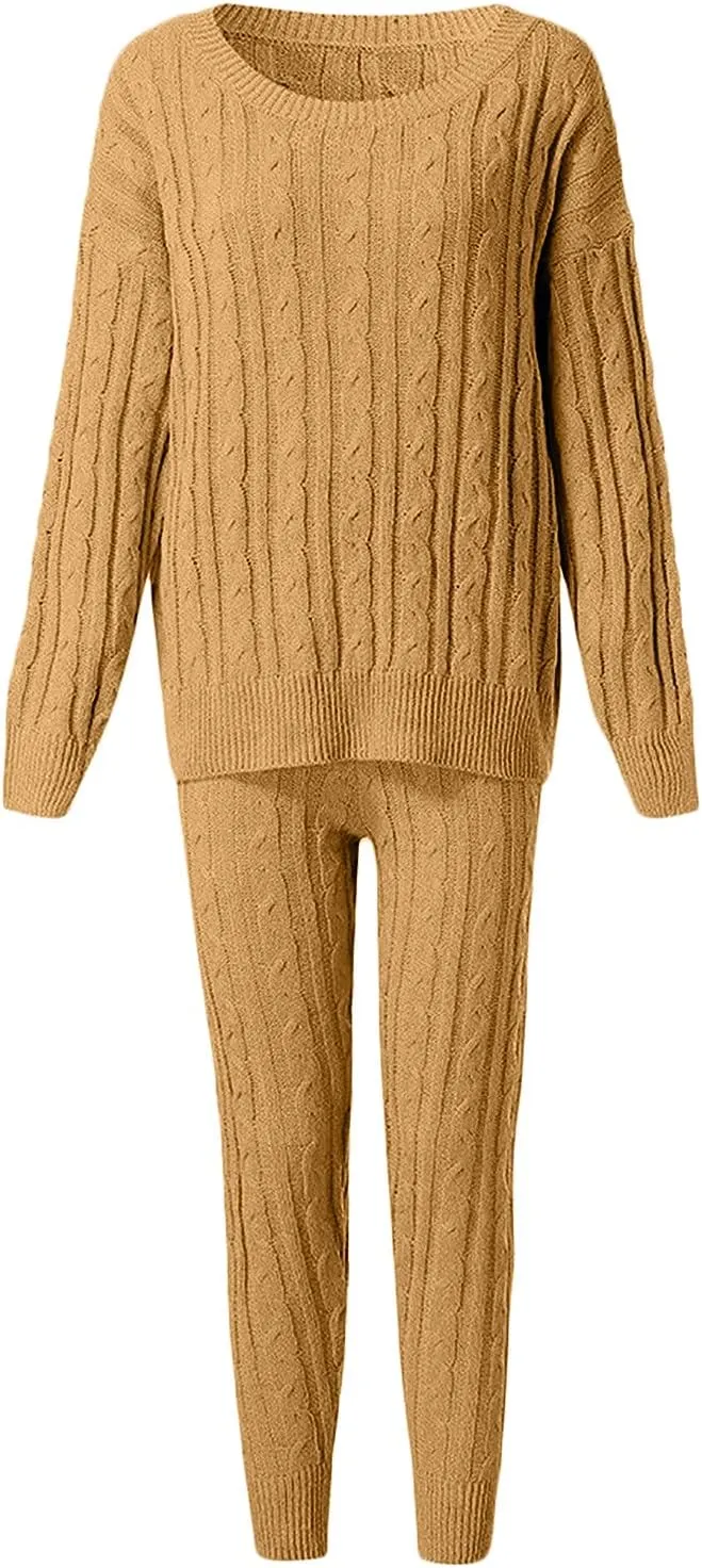 hlysgo Women Cable Knitted 2 Pieces Outfits Chunky Long Sleeve Sweater Pullover Top and Pants Winter Plus Size Lounge Sets