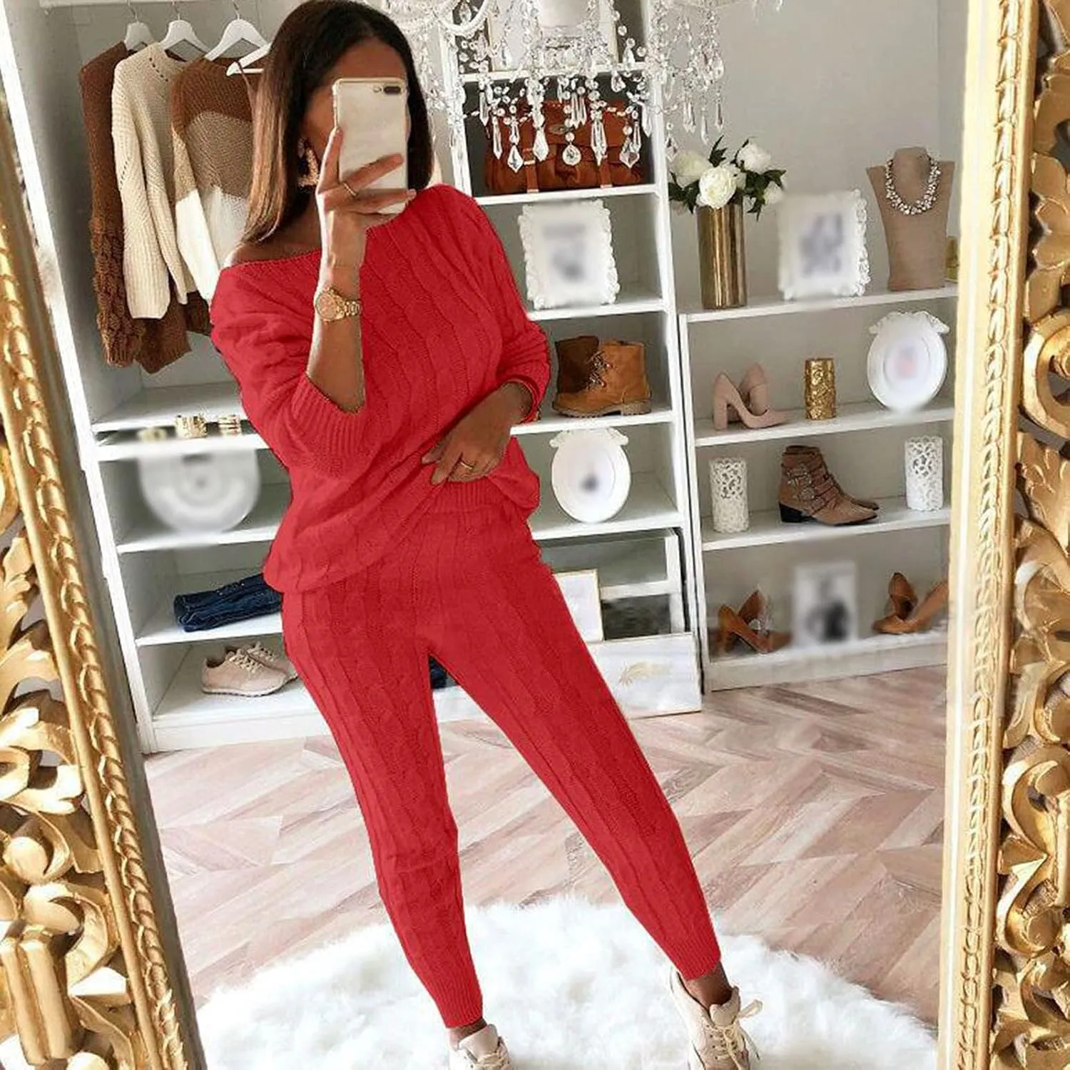 hlysgo Women Cable Knitted 2 Pieces Outfits Chunky Long Sleeve Sweater Pullover Top and Pants Winter Plus Size Lounge Sets