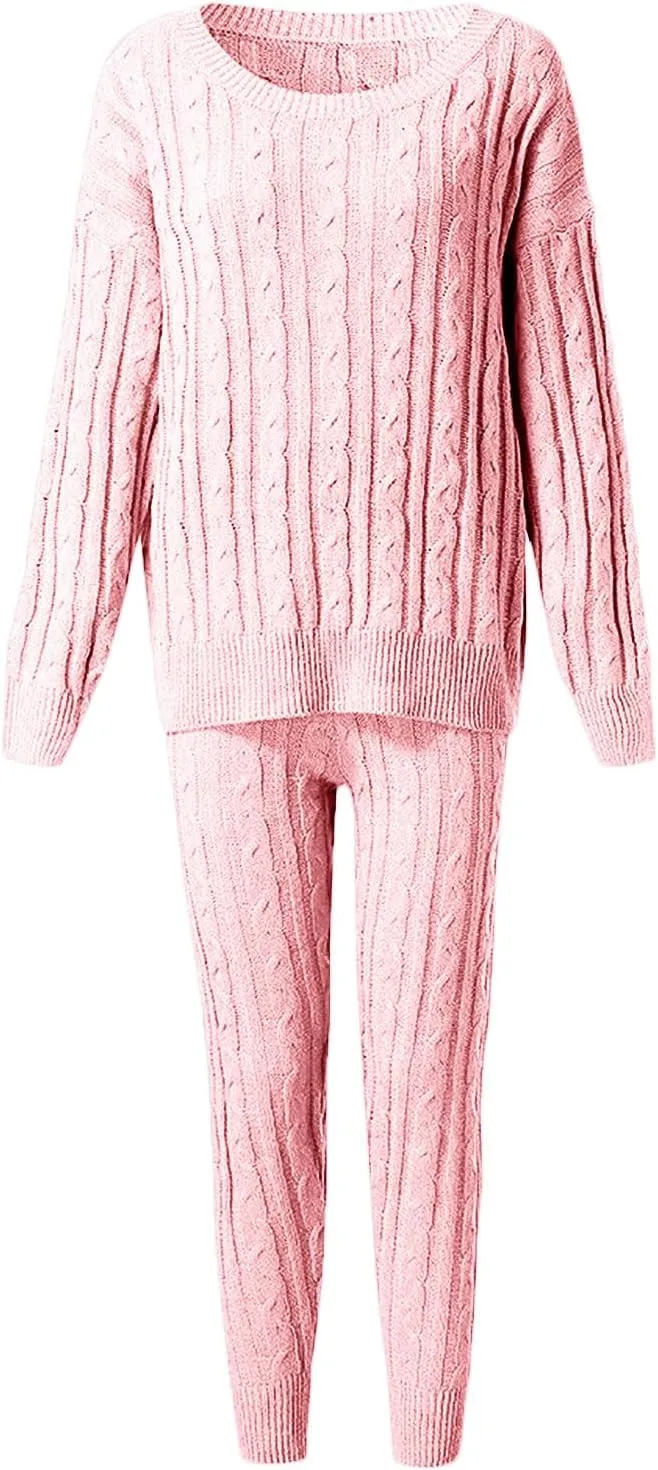 hlysgo Women Cable Knitted 2 Pieces Outfits Chunky Long Sleeve Sweater Pullover Top and Pants Winter Plus Size Lounge Sets