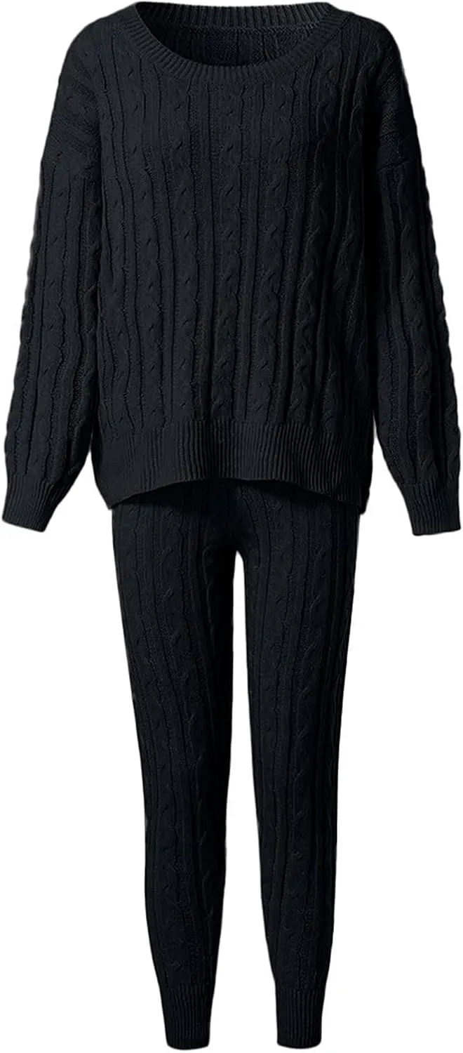 hlysgo Women Cable Knitted 2 Pieces Outfits Chunky Long Sleeve Sweater Pullover Top and Pants Winter Plus Size Lounge Sets