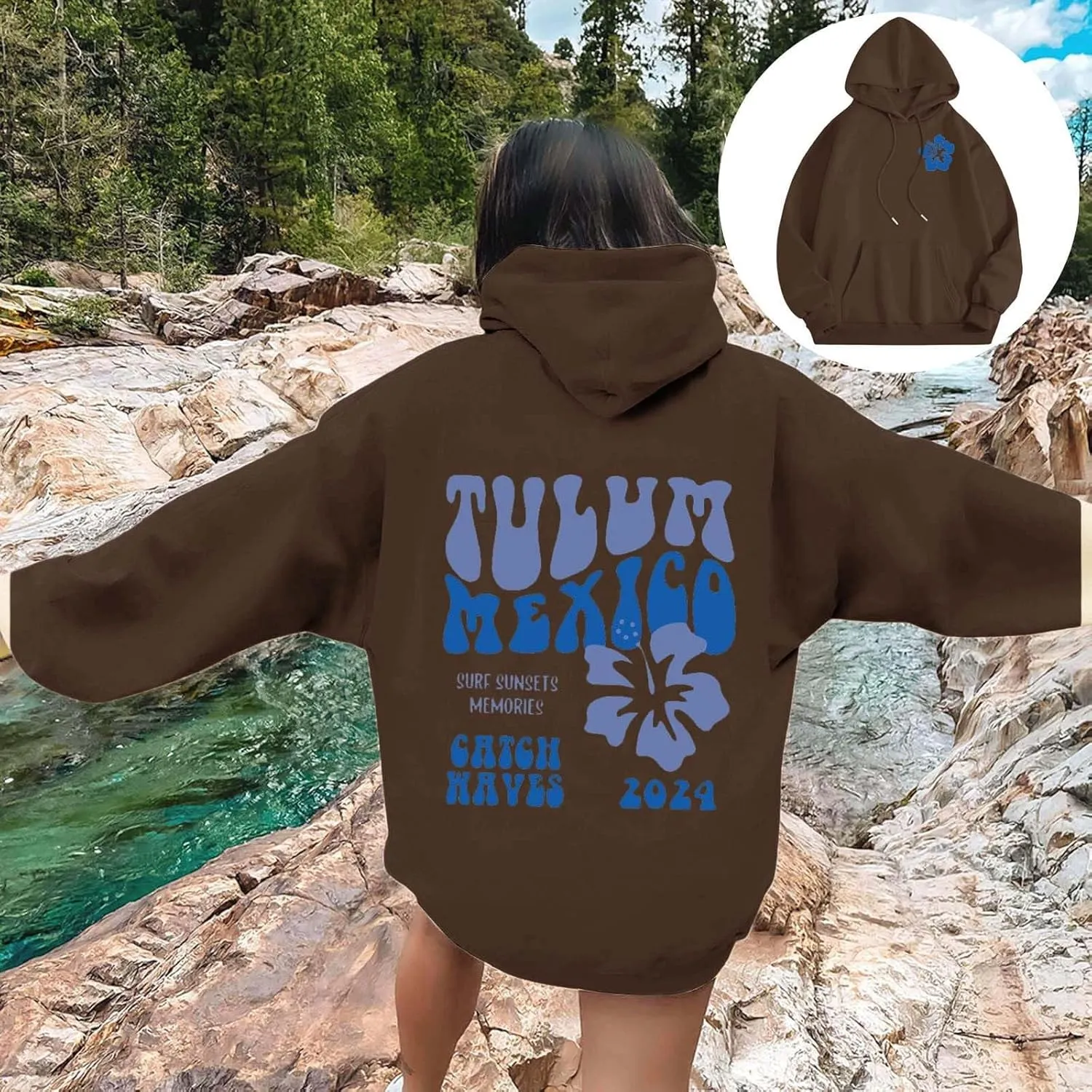 Hoodie Women Casual Letter Floral Print Hooded Sweatshirt With Drawstring Hoodies For Teen Girls Oversized Hoodies