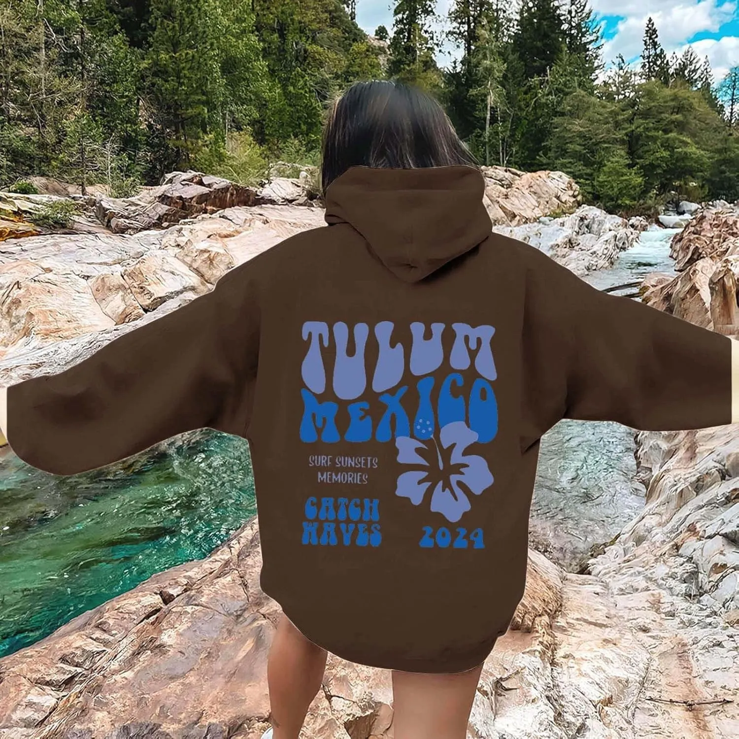 Hoodie Women Casual Letter Floral Print Hooded Sweatshirt With Drawstring Hoodies For Teen Girls Oversized Hoodies