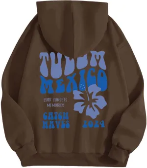 Hoodie Women Casual Letter Floral Print Hooded Sweatshirt With Drawstring Hoodies For Teen Girls Oversized Hoodies