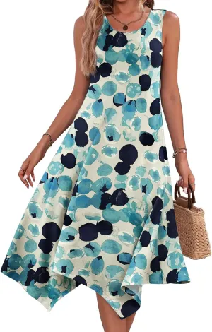 HOTOUCH Boho Dress Tshirt Dress with Pockets Womens Summer Casual Tank Dress Midi Length Loose Shift Dress Pleated Midi Dress Floral Sundress Dot M
