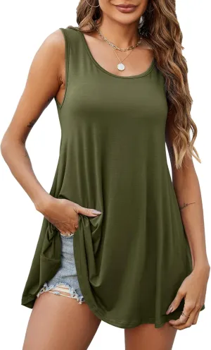 JollieLovin Women's Tunics Tank Tops Sleeveless Loose Fit T-Shirt with Flare Hem Comfy Swing Blouse (Available in Plus Size)