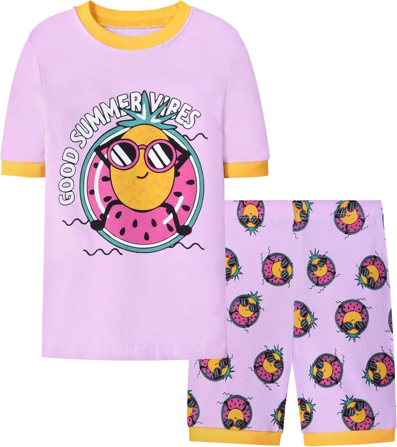 Joyond Girls Pure Cotton Summer Pjs Size 2T-14Years, Little Girls Short Sleeve 4-Piece Sleepwear Kids Toddler Pajamas Set