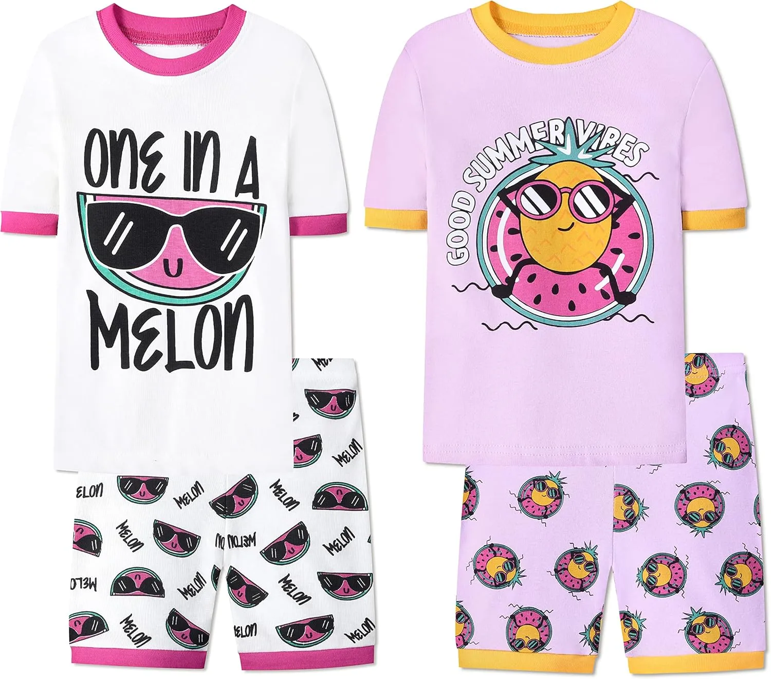 Joyond Girls Pure Cotton Summer Pjs Size 2T-14Years, Little Girls Short Sleeve 4-Piece Sleepwear Kids Toddler Pajamas Set