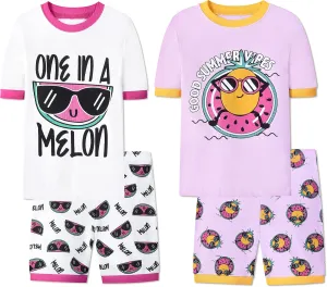 Joyond Girls Pure Cotton Summer Pjs Size 2T-14Years, Little Girls Short Sleeve 4-Piece Sleepwear Kids Toddler Pajamas Set
