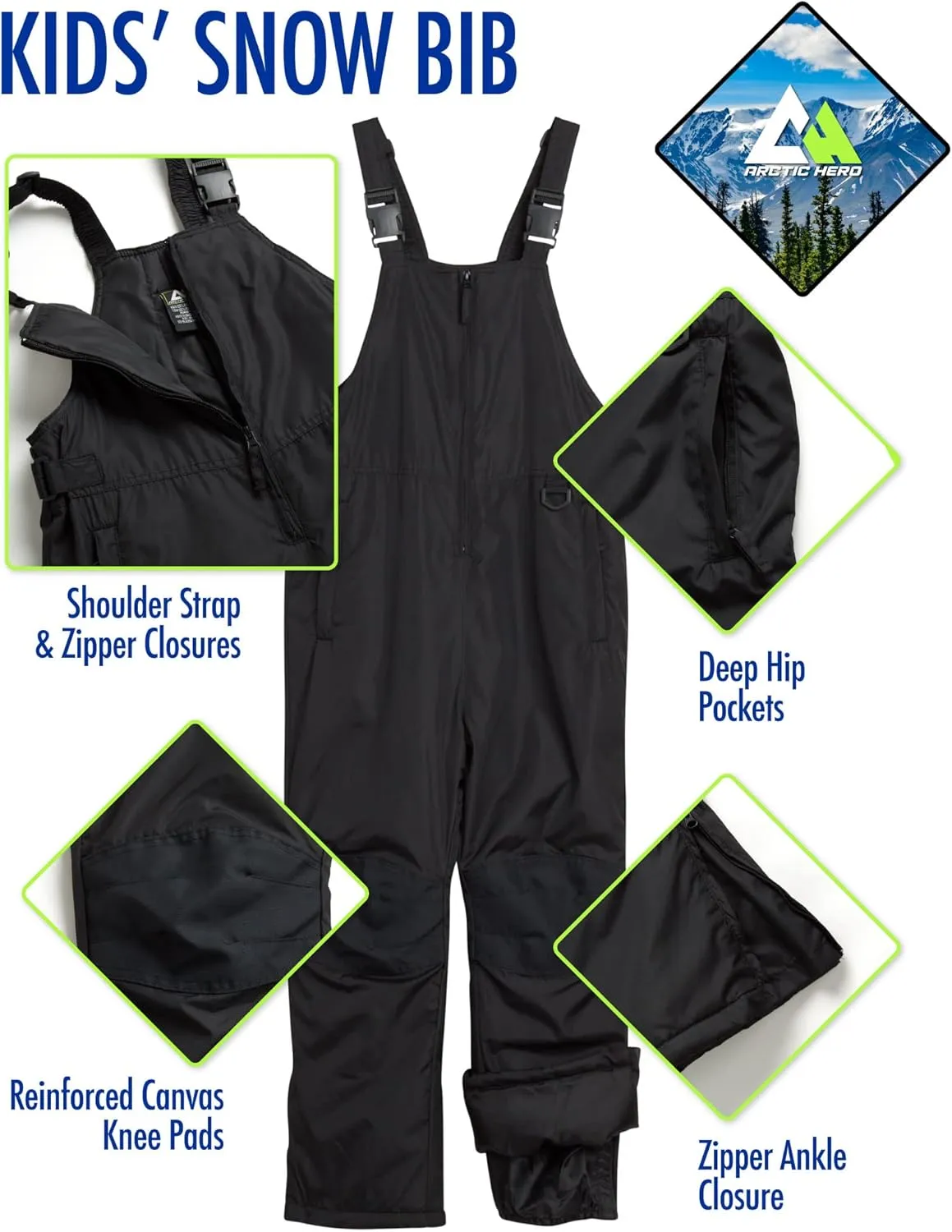 Kids' Snow Bib – Unisex Boys' and Girls' Insulated Waterproof Snow Pants Ski/Snowboard Overalls (2T-18)