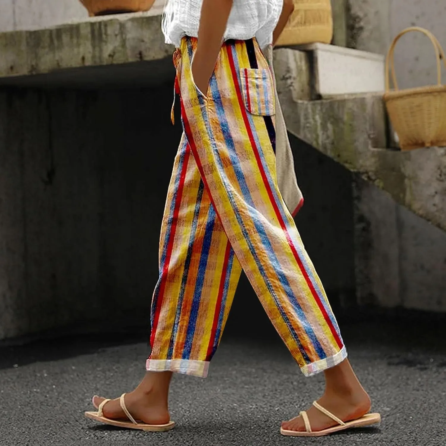 LCMTWX Flowy Linen Pants for Women 2025 Drawstring Pants Capri Pants 2025 Pants with Pockets Wide Leg Cropped Pants Cotton