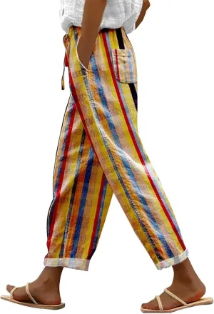 LCMTWX Flowy Linen Pants for Women 2025 Drawstring Pants Capri Pants 2025 Pants with Pockets Wide Leg Cropped Pants Cotton