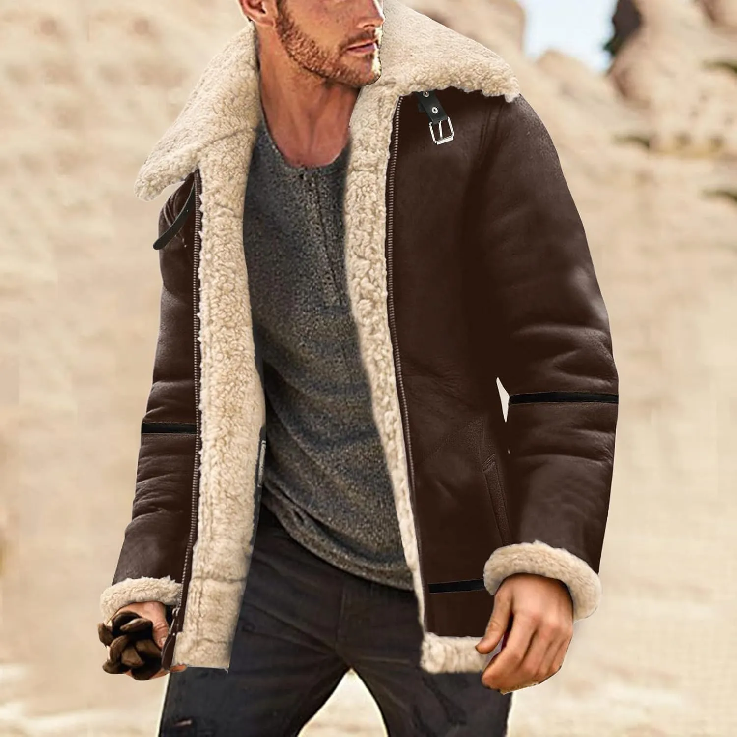 LCMTWX Men's Thick Thermal Winter Jacket Single-breasted Solid Color Lapel Long Sleeve Coat Cardigan Plush Mens Puffer