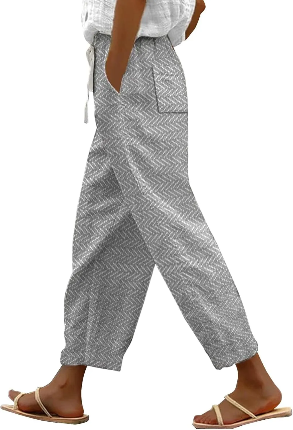LCMTWX Summer Linen Pants 2025 Casual Drawstring Pants Capri Pants 2025 Pants with Pockets Wide Leg Cropped Pants Womens