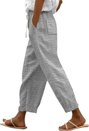 LCMTWX Summer Linen Pants 2025 Casual Drawstring Pants Capri Pants 2025 Pants with Pockets Wide Leg Cropped Pants Womens