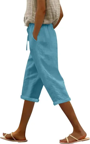 LCMTWX Womens Linen Pants Waist Pants Drawstring Capri Pants with Pockets Wide Leg Cropped Pants High Waisted Linen Pants