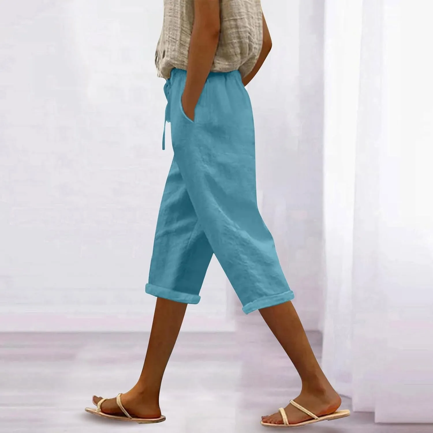 LCMTWX Womens Linen Pants Waist Pants Drawstring Capri Pants with Pockets Wide Leg Cropped Pants High Waisted Linen Pants