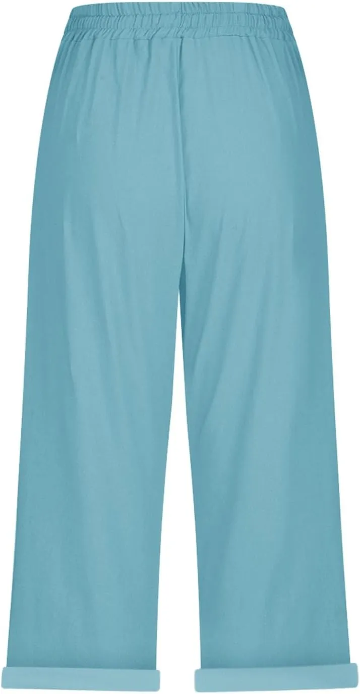 LCMTWX Womens Linen Pants Waist Pants Drawstring Capri Pants with Pockets Wide Leg Cropped Pants High Waisted Linen Pants