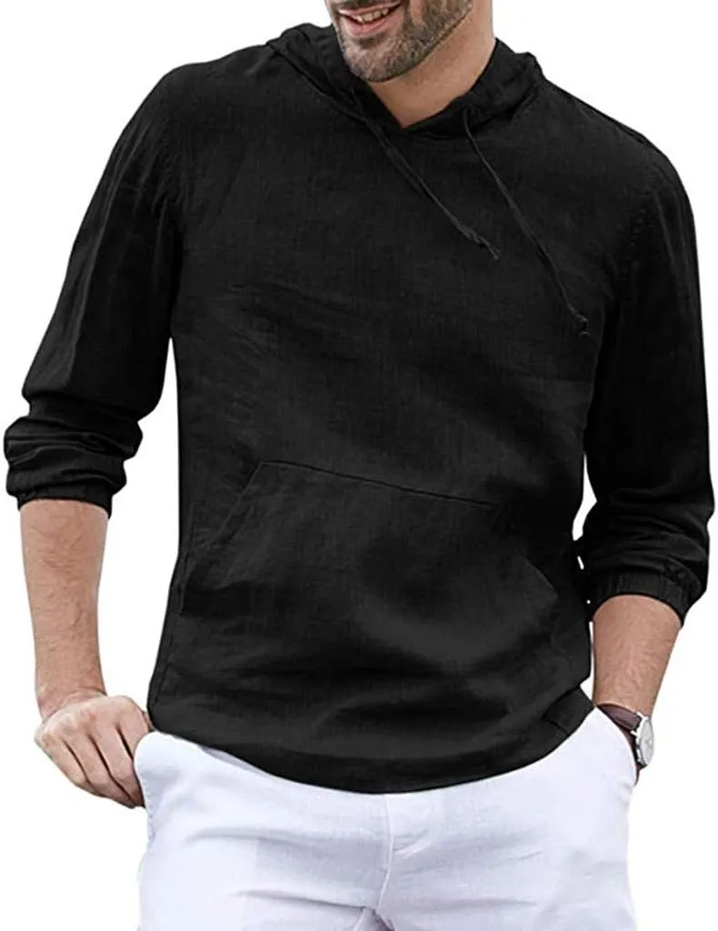 Lightweight Hoodies for Men Linen Hooded Pocket Solid Long Sleeve Retro T Shirts Tops Sweatshirt Hoodies