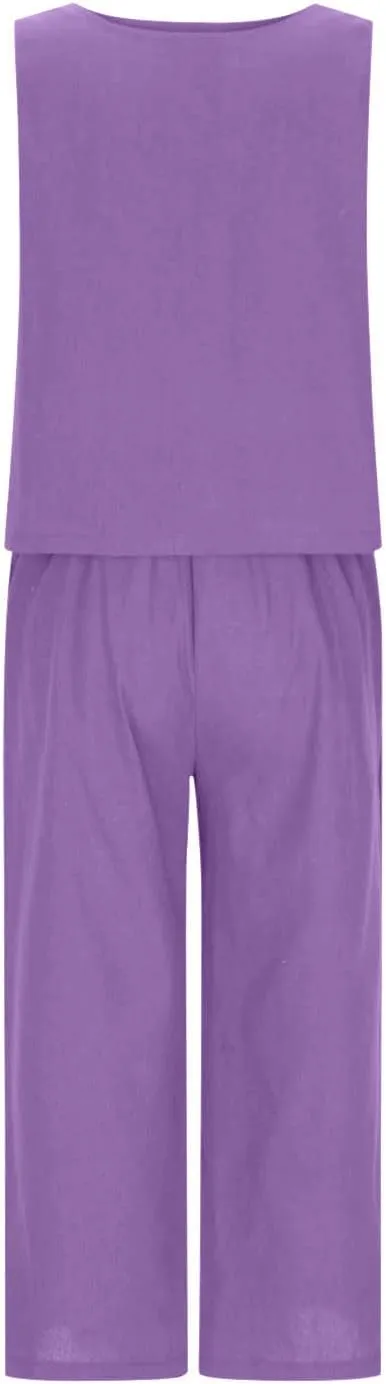 Linen Outfits Women 2 Piece Plus Size Sleeveless CropTank Capri Wide Leg Pant Jumpsuit Lounge Beach Vacation Boho Set