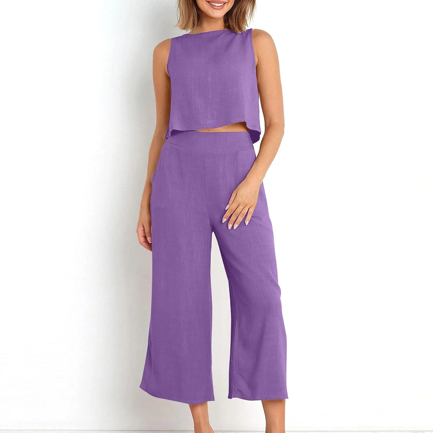 Linen Outfits Women 2 Piece Plus Size Sleeveless CropTank Capri Wide Leg Pant Jumpsuit Lounge Beach Vacation Boho Set