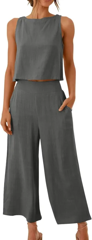 Linen Outfits Women 2 Piece Plus Size Sleeveless CropTank Capri Wide Leg Pant Jumpsuit Lounge Beach Vacation Boho Set