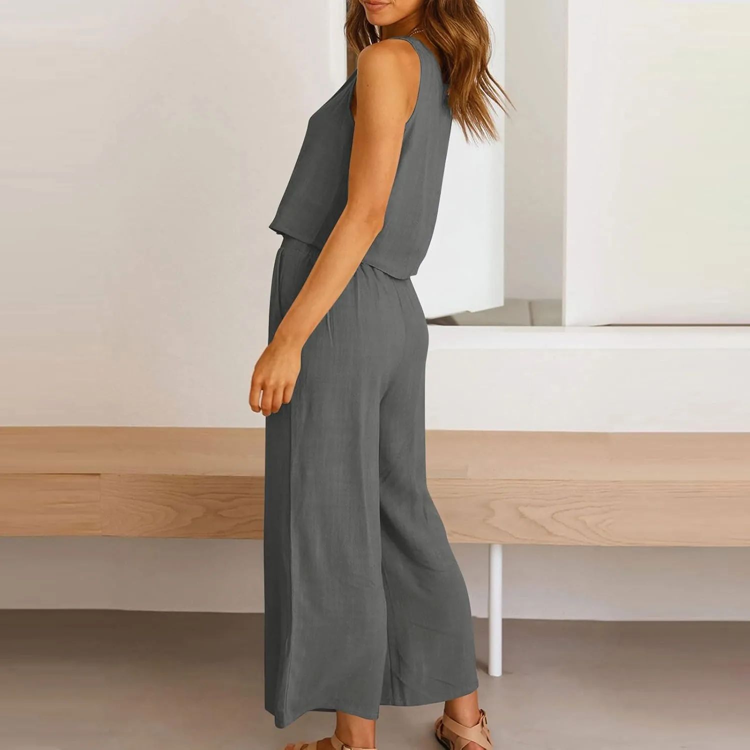 Linen Outfits Women 2 Piece Plus Size Sleeveless CropTank Capri Wide Leg Pant Jumpsuit Lounge Beach Vacation Boho Set