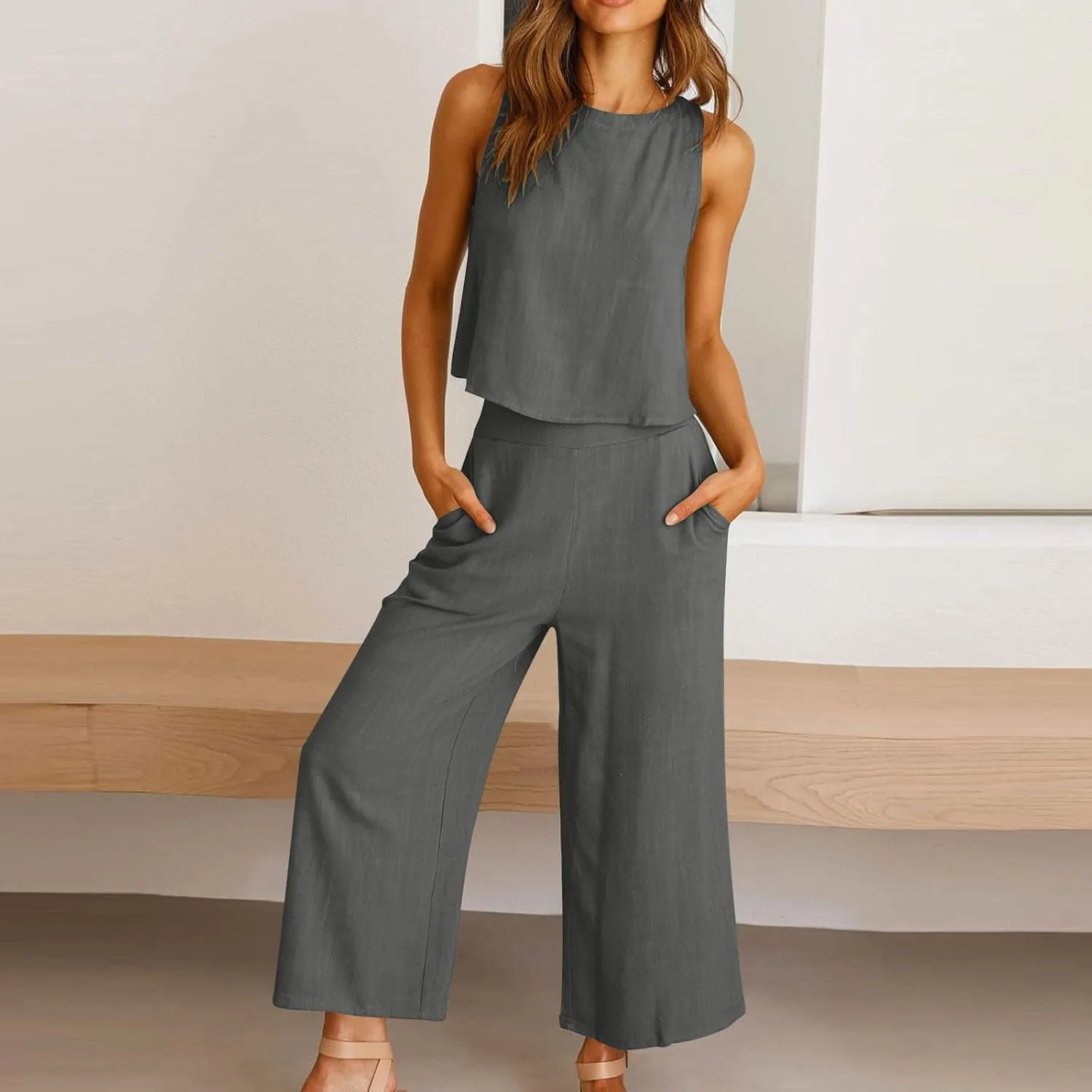 Linen Outfits Women 2 Piece Plus Size Sleeveless CropTank Capri Wide Leg Pant Jumpsuit Lounge Beach Vacation Boho Set