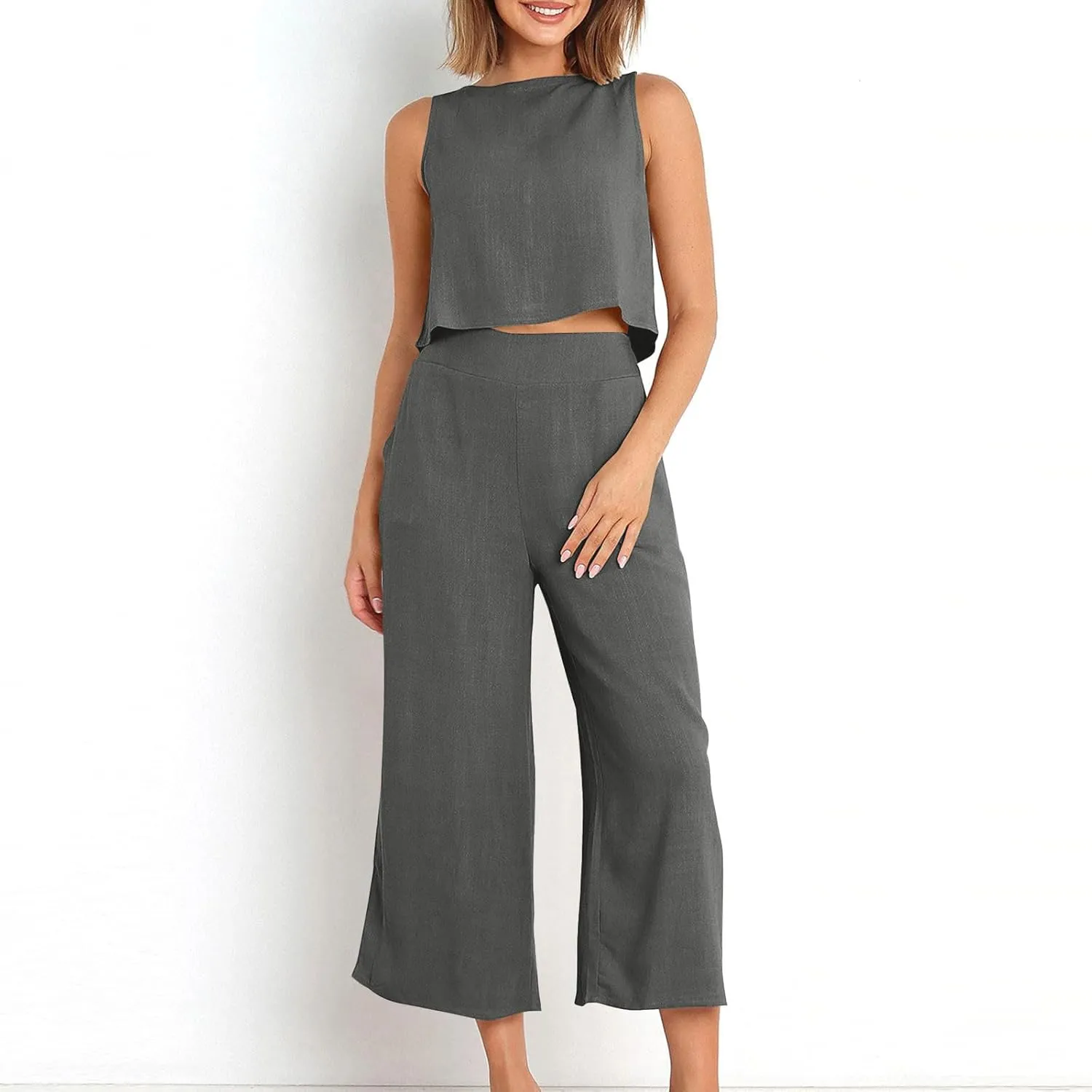 Linen Outfits Women 2 Piece Plus Size Sleeveless CropTank Capri Wide Leg Pant Jumpsuit Lounge Beach Vacation Boho Set