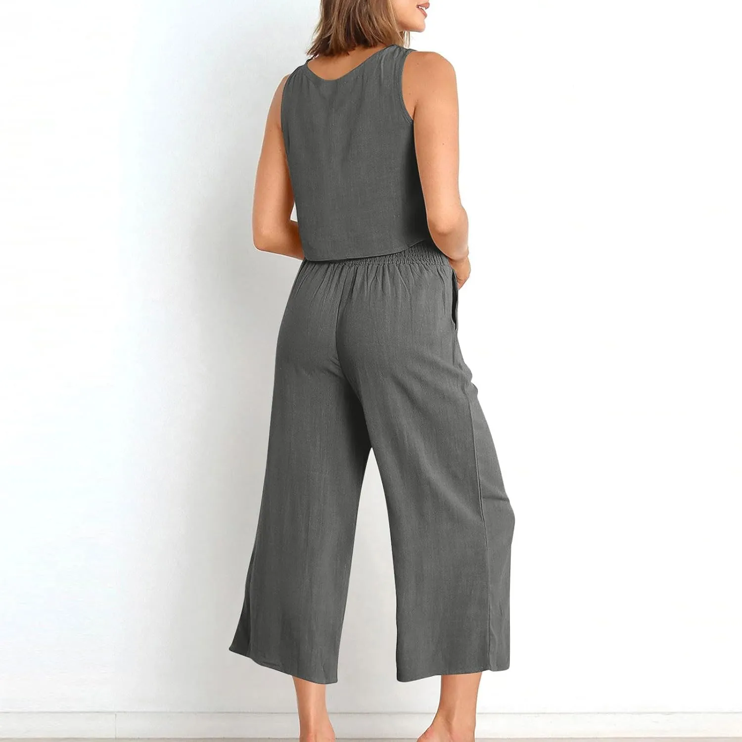 Linen Outfits Women 2 Piece Plus Size Sleeveless CropTank Capri Wide Leg Pant Jumpsuit Lounge Beach Vacation Boho Set