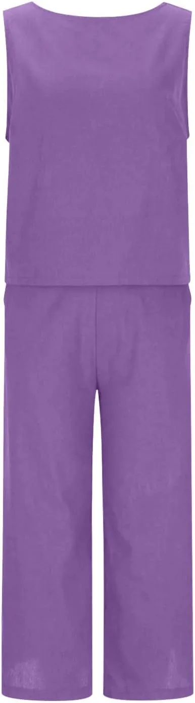 Linen Outfits Women 2 Piece Plus Size Sleeveless CropTank Capri Wide Leg Pant Jumpsuit Lounge Beach Vacation Boho Set