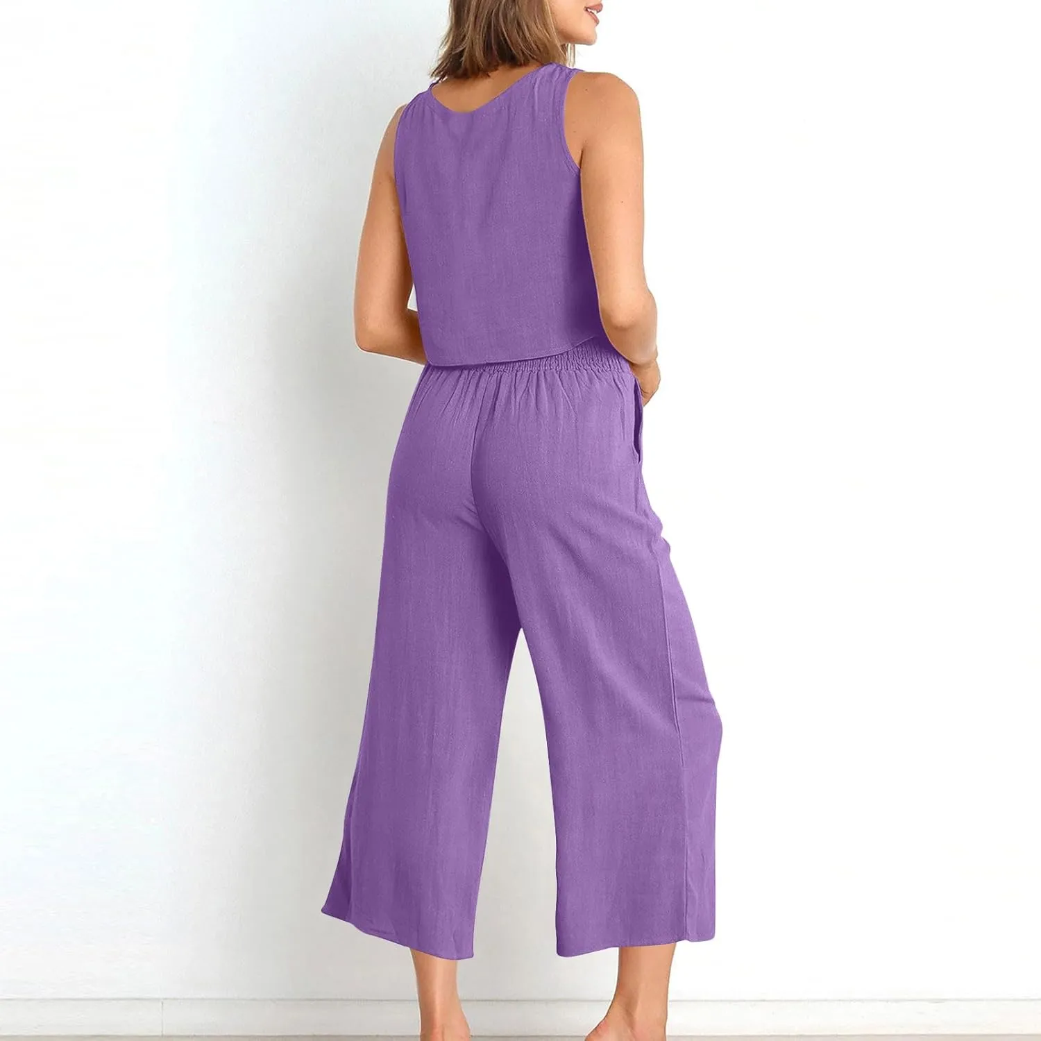 Linen Outfits Women 2 Piece Plus Size Sleeveless CropTank Capri Wide Leg Pant Jumpsuit Lounge Beach Vacation Boho Set