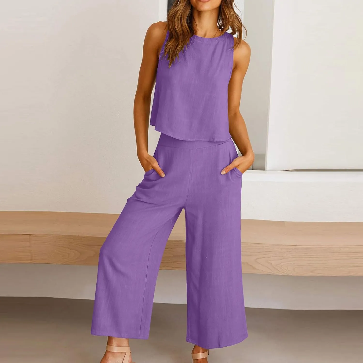 Linen Outfits Women 2 Piece Plus Size Sleeveless CropTank Capri Wide Leg Pant Jumpsuit Lounge Beach Vacation Boho Set