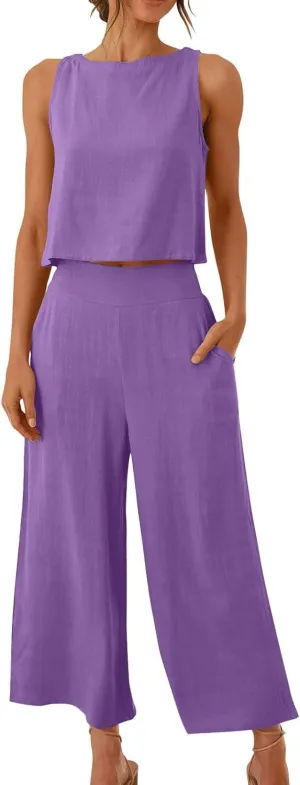 Linen Outfits Women 2 Piece Plus Size Sleeveless CropTank Capri Wide Leg Pant Jumpsuit Lounge Beach Vacation Boho Set