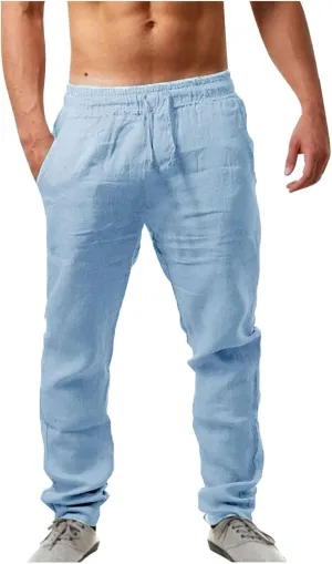 Linen Pants Men,Mens Casual Pants Lightweight Drawstring Beach Pants Elastic Waist Linen Pants Loose Beach Pants