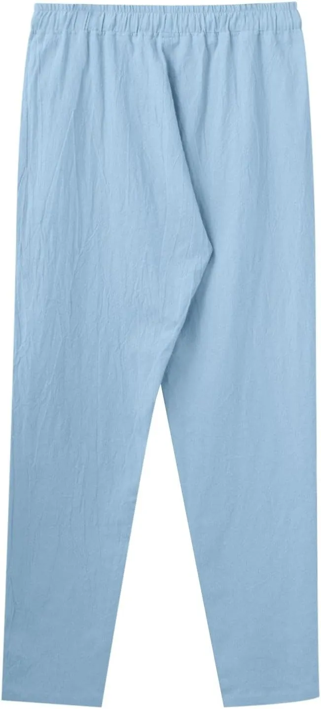 Linen Pants Men,Mens Casual Pants Lightweight Drawstring Beach Pants Elastic Waist Linen Pants Loose Beach Pants