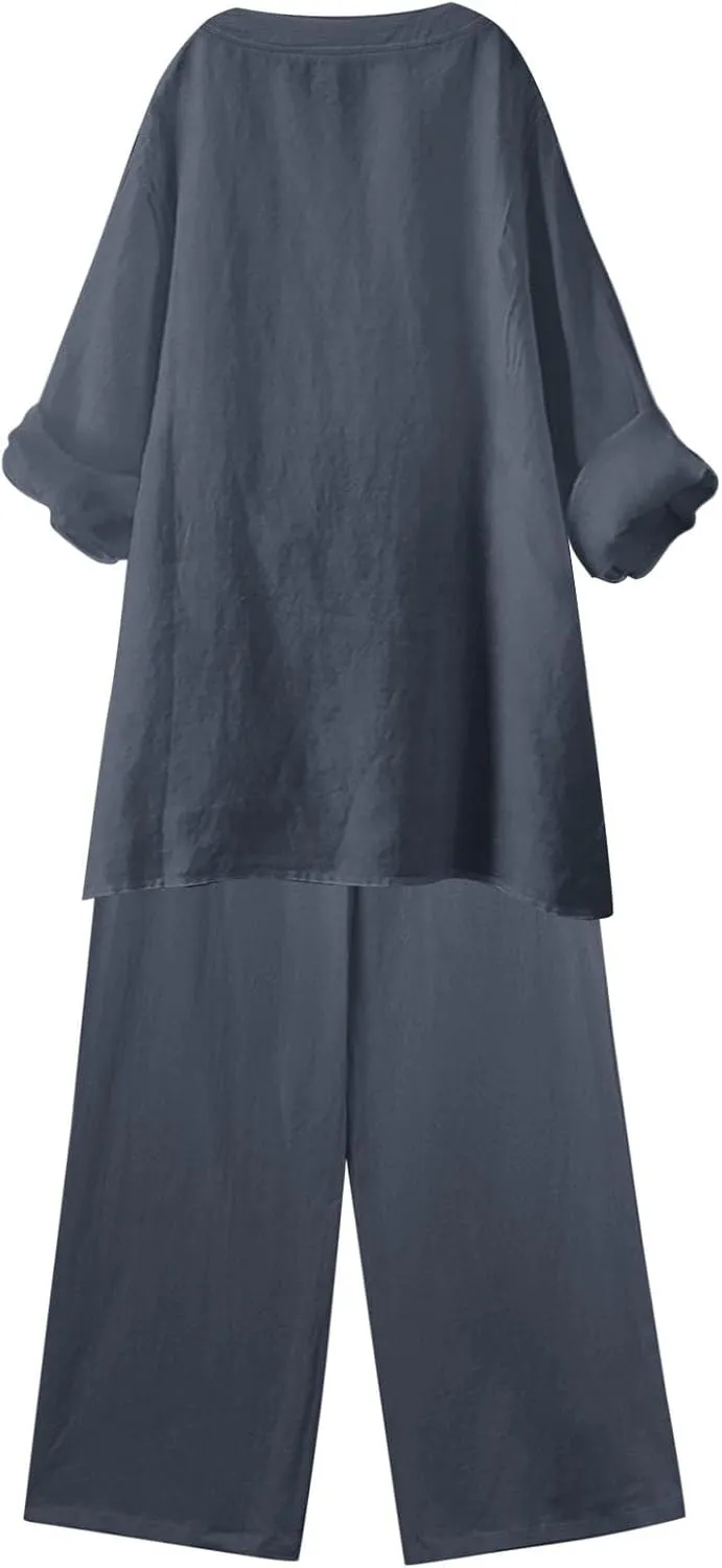 Linen Set For Women 2 Piece Summer Outfits Plus Size Long Sleeve Button Shirt Wide Leg Capri Pants Lounge Matching Sets