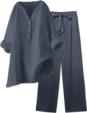 Linen Set For Women 2 Piece Summer Outfits Plus Size Long Sleeve Button Shirt Wide Leg Capri Pants Lounge Matching Sets