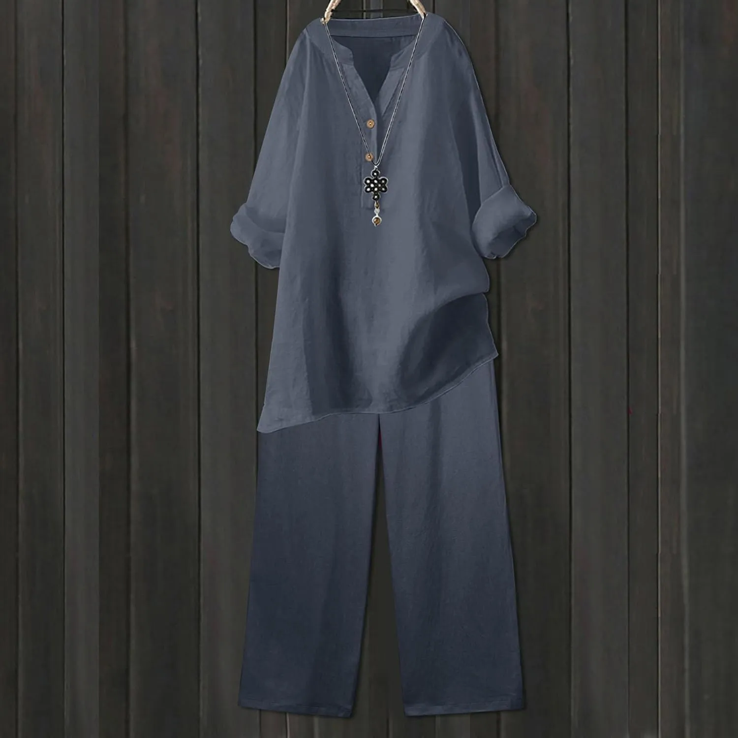 Linen Set For Women 2 Piece Summer Outfits Plus Size Long Sleeve Button Shirt Wide Leg Capri Pants Lounge Matching Sets