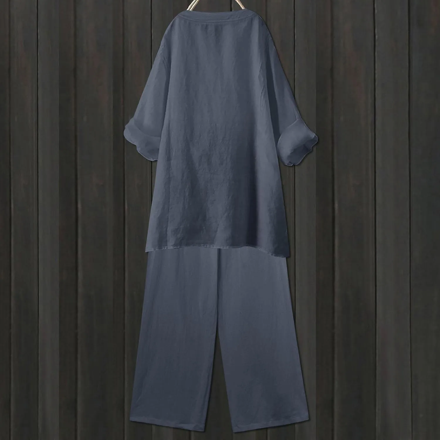 Linen Set For Women 2 Piece Summer Outfits Plus Size Long Sleeve Button Shirt Wide Leg Capri Pants Lounge Matching Sets