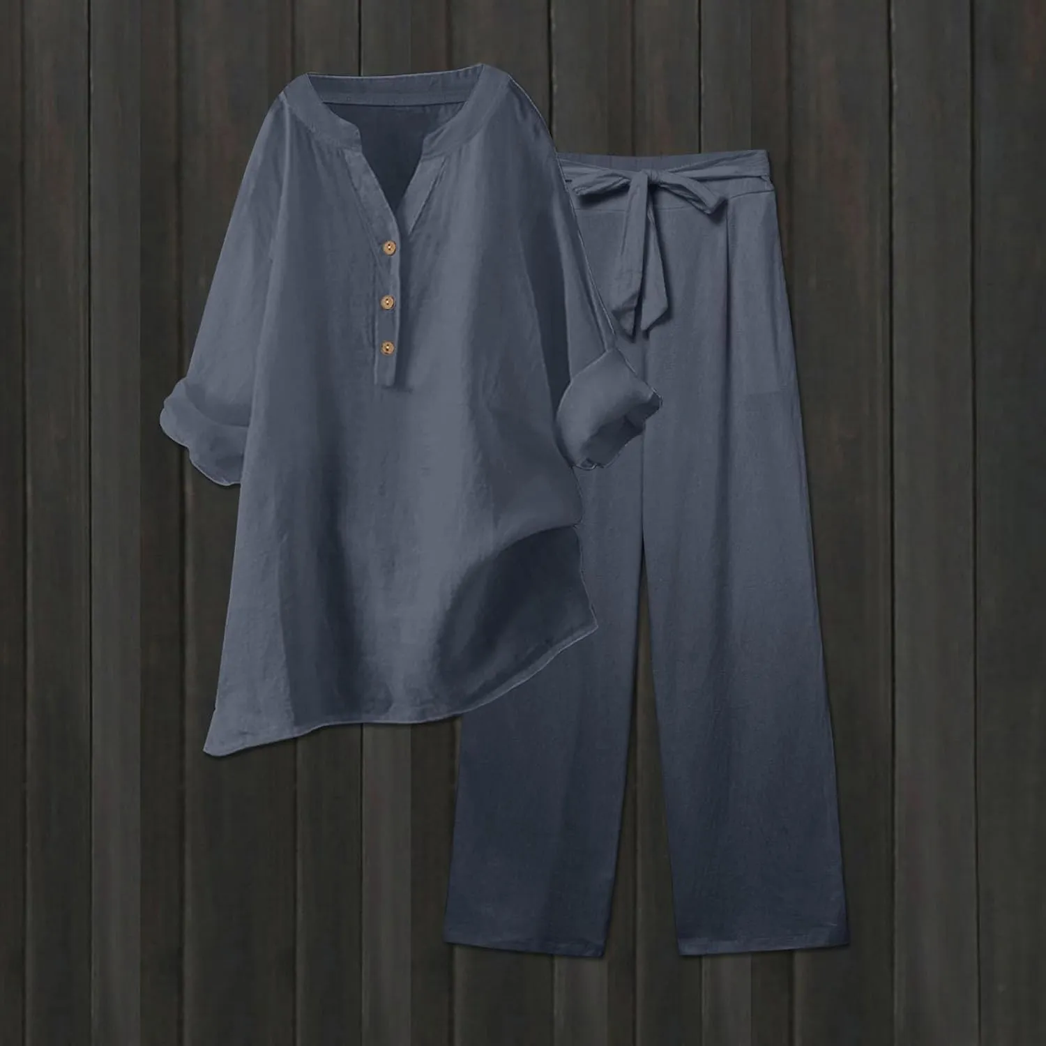 Linen Set For Women 2 Piece Summer Outfits Plus Size Long Sleeve Button Shirt Wide Leg Capri Pants Lounge Matching Sets