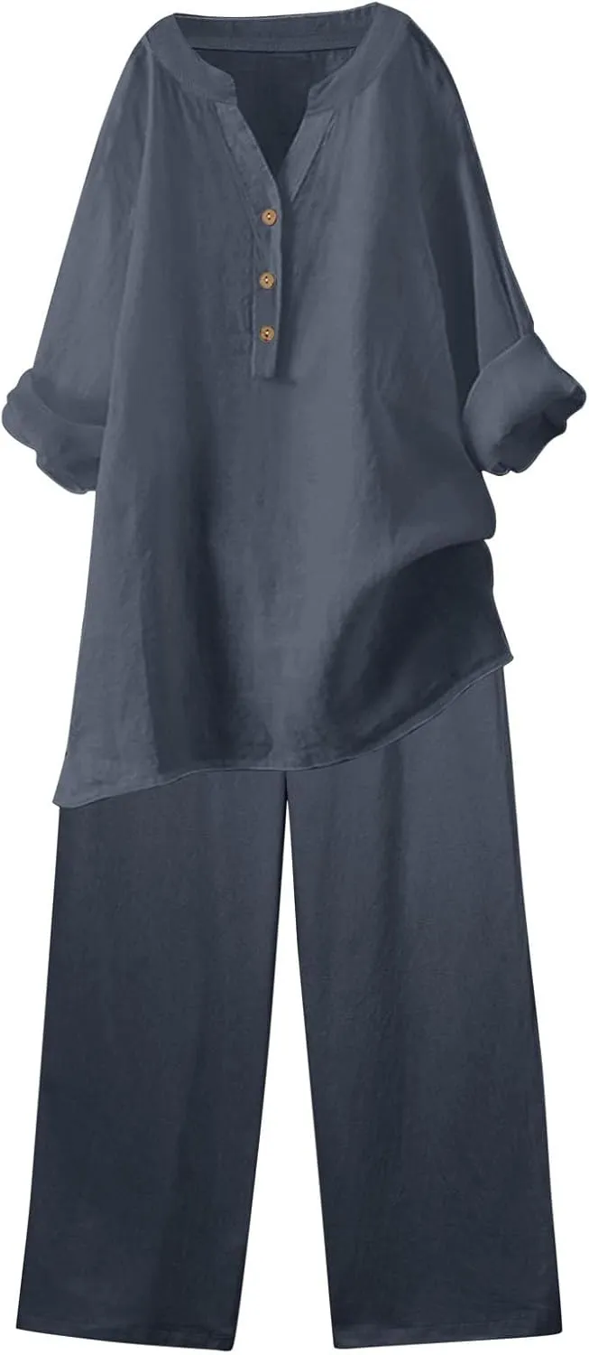 Linen Set For Women 2 Piece Summer Outfits Plus Size Long Sleeve Button Shirt Wide Leg Capri Pants Lounge Matching Sets